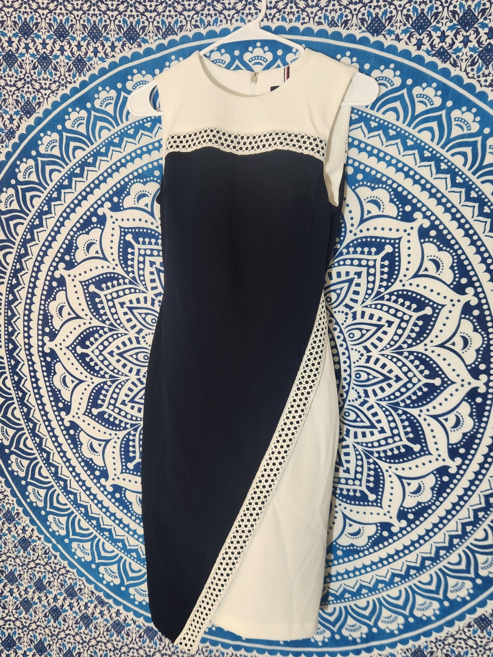 Tommy Hilfiger Navy and White Cap Sleeve Sheath Dress with Eyelet Trim